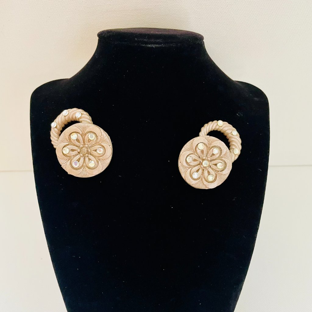 Rare Jeff Lieb Vintage Earrings Signed Beige Gold & Ab Crystals And Swirl Hoops